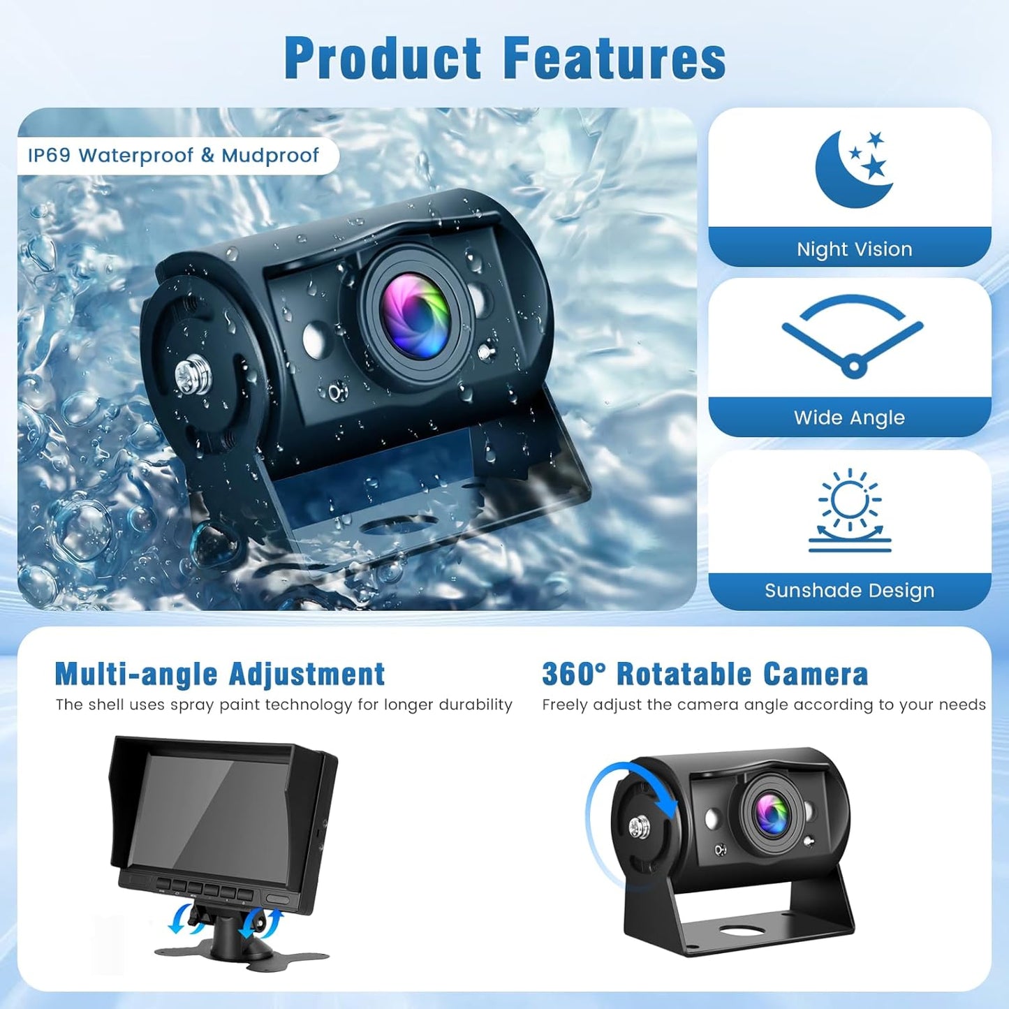 1080P HD 2 x achteruitrijcamera met 7 inch IPS-monitor, 2 delen beeldscherm/parkeerhulp, IP69 AHD achteruitrijcamera, auto, nachtzicht voor vrachtwagen, SUV, camper, met zonneklep, 2 x 15 m
