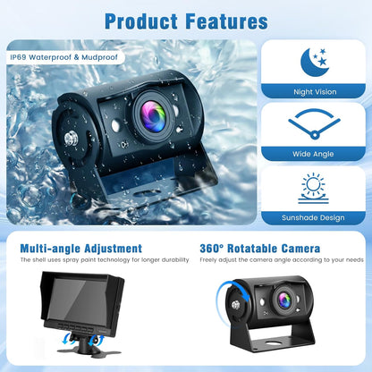 1080P HD 2 x achteruitrijcamera met 7 inch IPS-monitor, 2 delen beeldscherm/parkeerhulp, IP69 AHD achteruitrijcamera, auto, nachtzicht voor vrachtwagen, SUV, camper, met zonneklep, 2 x 15 m
