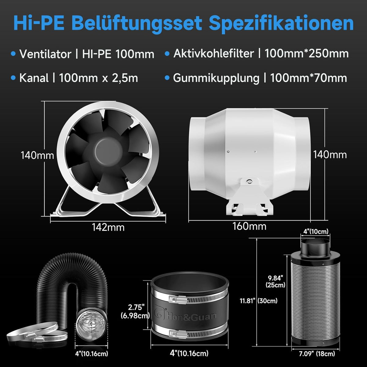 Afvoerluchtset – Ventilatieset – Buisventilator – Koolstoffilterset – Afzuigset – 100 mm Met Toerentalregelaar – EC-Motor – Tot 360 m³/u