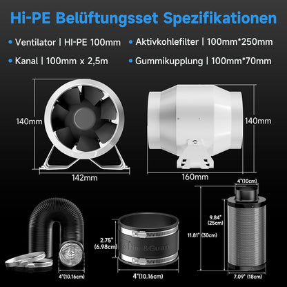 Afvoerluchtset – Ventilatieset – Buisventilator – Koolstoffilterset – Afzuigset – 100 mm Met Toerentalregelaar – EC-Motor – Tot 360 m³/u
