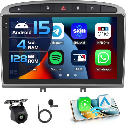 4+128G autoradio voor Peugeot 308/408 2007-2015 Android 15 met 9'' In-Cell-scherm ondersteuning Wireless Carplay en Android Auto Mirror Link Radio FM/RDS GPS WIFI BT SWC