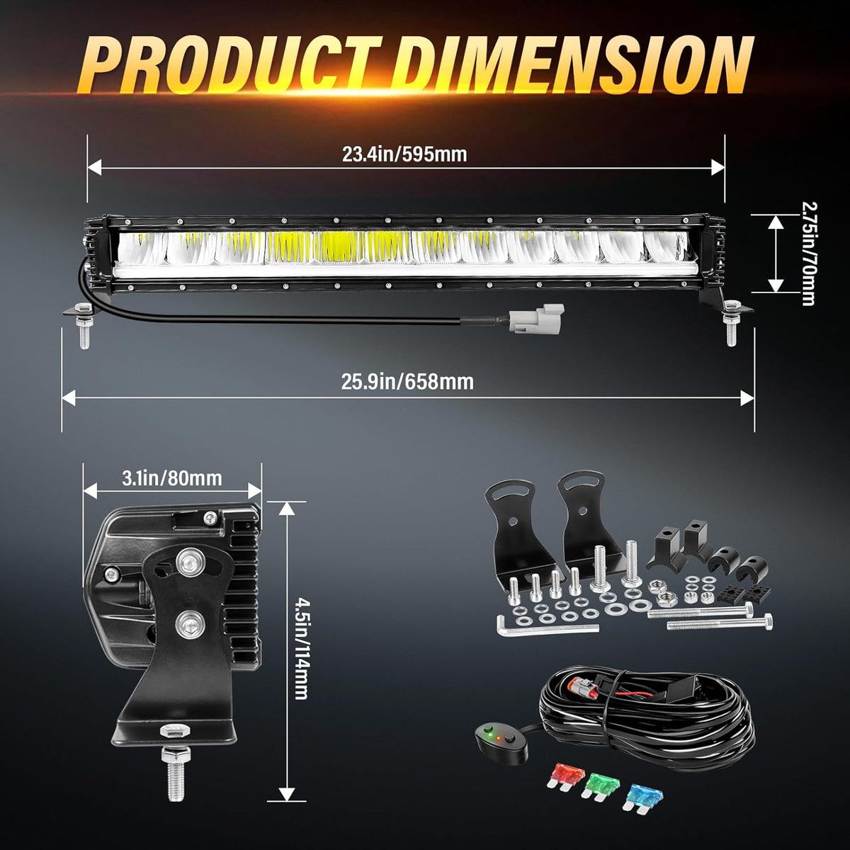 RIGIDON 23 inch 80W 8000LM Led Lichtbalk met 12V kabelboomset, Amber DRL, Led-verlichting Bar Rijdende Offroad Lichten Werklampen voor 4x4 auto voertuige vrachtwagen tractor ATV UTE SUV boot