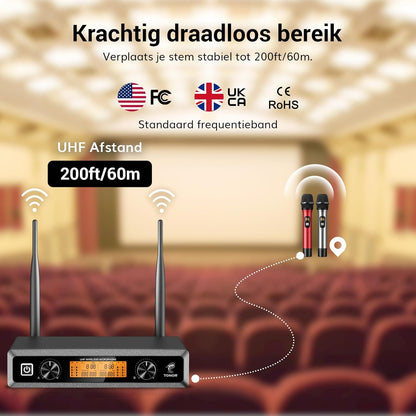 Draadloos Microfoonsysteem – Draadloze Microfoonset – Karaoke Microfoonset – Handmicrofoonset – UHF Microfoonsysteem – Set Van 2 Handmicrofoons Zilver En Rood – Tot 60 Meter Bereik – Metalen Behuizing
