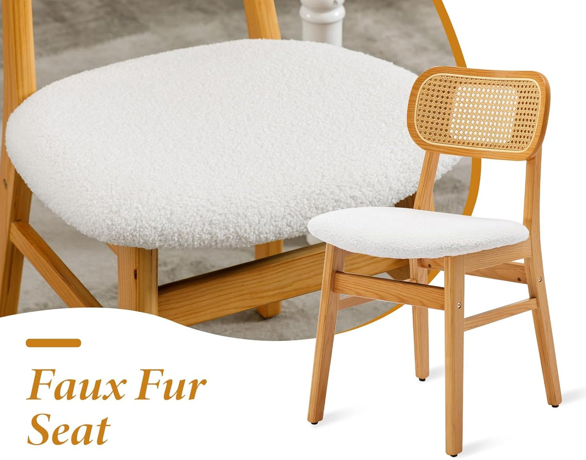 Rotan Eetkamerstoelen – Keukenstoelen – Zijden Stoelen – Side Chairs – Beige Variant – Ademend Rotan Rugleuning – Zachte Kunstbont Zitting - QUORE