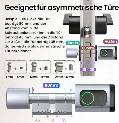 AVATTO Smart deurslot met vingerafdruk en wachtwoord voor 60-90 mm deur, lengte van de sluitcilinder is instelbaar, met sleutel, IC-kaart, ondersteunt Smart Life App afstandsbediening