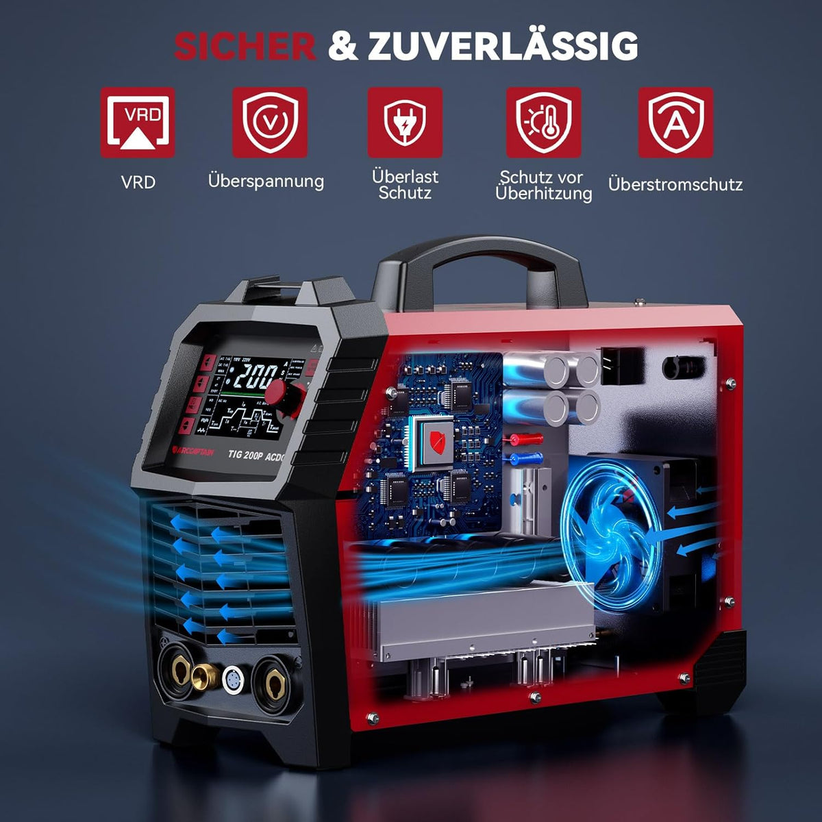 ARCCAPTAIN 200 Amp WIG-lasapparaat, AC/DC met pulsfunctie, 230 V, aluminium lassen, TIG-lasapparaat met rechthoekige golven/driehoekige golven, puntlassen, MMA, IGBT 7-in-1 aluminium lasapparaat