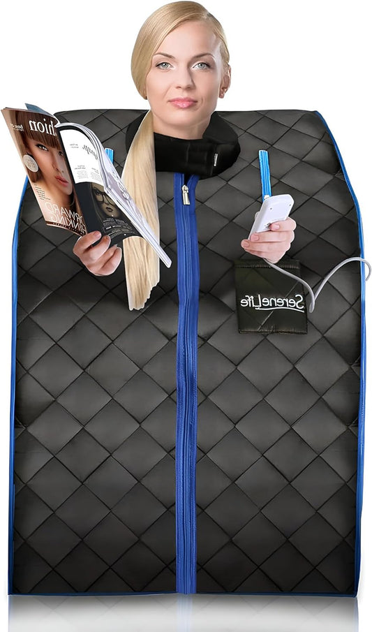 SereneLife Portable Infrared Sauna, Single Home Sauna with Heated Foot Mat, Portable Chair and Wired Controller for Timer and Automatic Heat Settings - QUORE