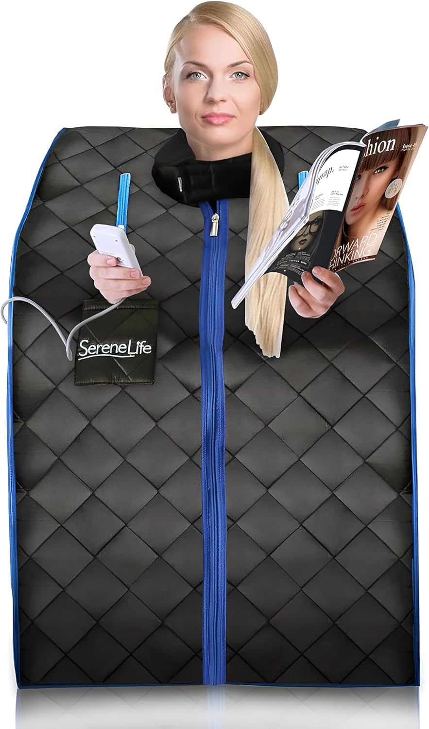 SereneLife Portable Sauna For Home Use- Infrared Sauna Tent With Heated Foot Cushion And Foldable Chair-Sauna Box - Compact Personal Detox Sauna Remote Control-96.5 x 81 cm-Silver - QUORE