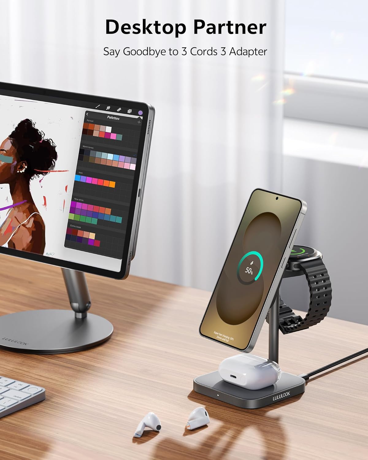 LULULOOK Inductief laadstation voor Samsung, aluminium 3-in-1 draadloze oplader voor Samsung S25 Ultra/S24/S23/Z/Note, draadloze oplader voor Galaxy Watch Ultra 7/6/5/4/3, Galaxy Buds (grijs)