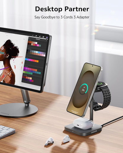 LULULOOK Inductief laadstation voor Samsung, aluminium 3-in-1 draadloze oplader voor Samsung S25 Ultra/S24/S23/Z/Note, draadloze oplader voor Galaxy Watch Ultra 7/6/5/4/3, Galaxy Buds (grijs)