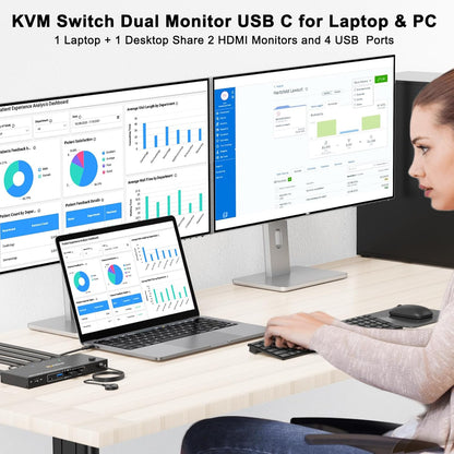 KVM Switch 2 PC 2 monitoren USB C, KVM Switch Dual Monitor voor Laptop & PC, USB 3.0 MST Dual 4K @60Hz, PD 60W voor laptop, HDMI DP KVM-switches USB C, met bedrade afstandsbediening