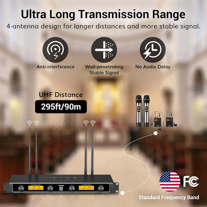 TONOR UHF Draadloze Microfoon Systeem met Draadloze Handheld/Headset/Lavalier Revers Mics, Bodypack Zender, Metalen Ontvanger, 4 * 5 Kanalen 90M Bereik voor Zingen Karaoke Kerk Party DJ PA Speaker