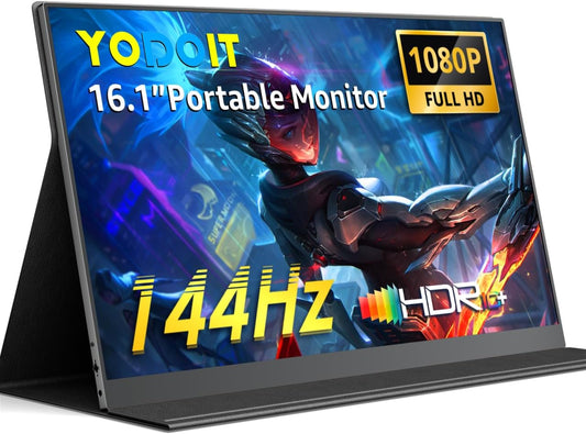 Yodoit 144Hz draagbare monitor, 16,1 inch 1920 × 1080P FHD-scherm met hoge verversingssnelheid, IPS-scherm met USB Type C-poort en ingebouwde luidsprekers, met Smart Cover, compatibel met pc, laptop