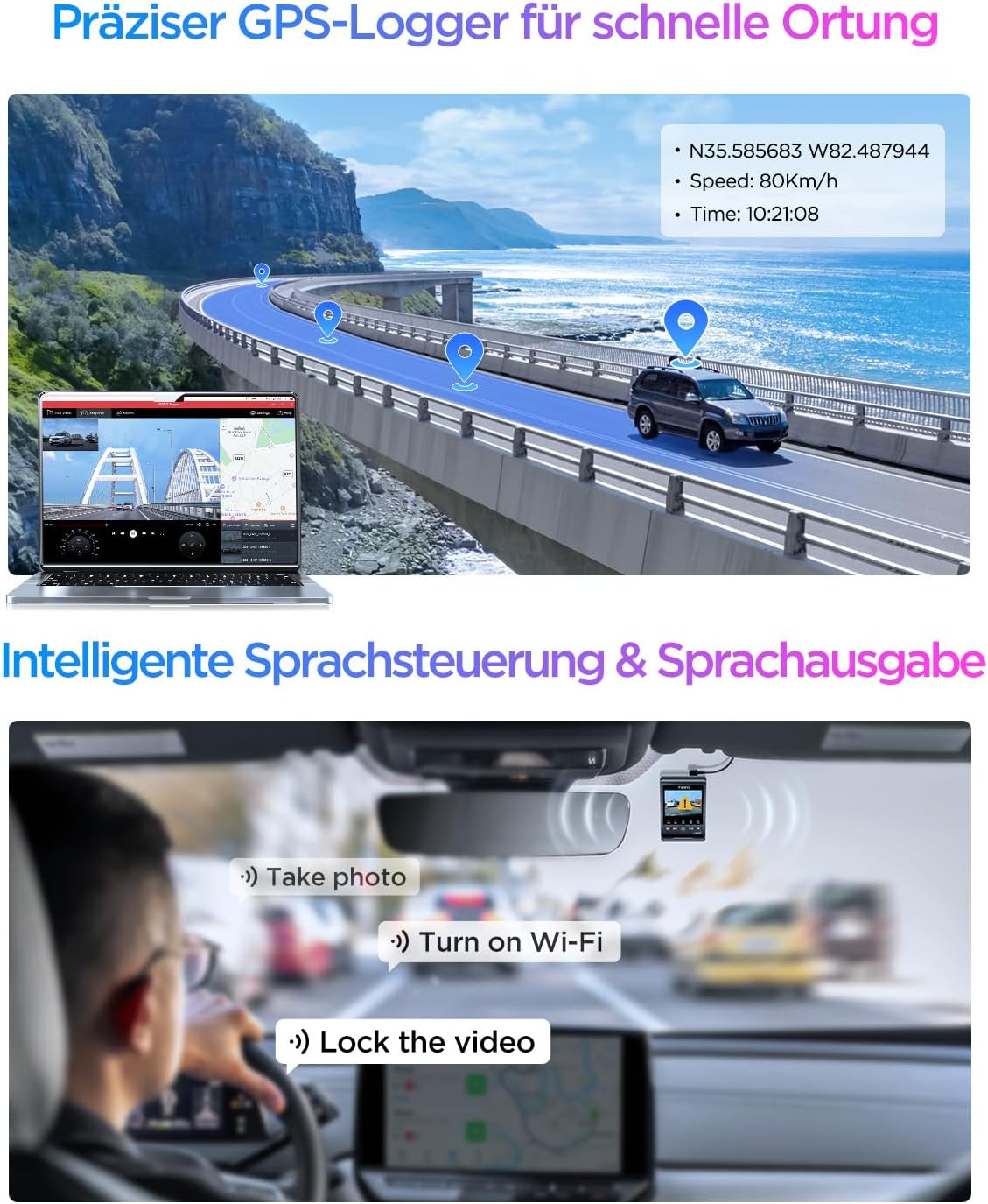 VIOFO A329S 3CH 4K dashcam voor achter, 4K + 2K + 2K dashcam auto 3 lens, energiebesparende parkeermodus, 210° ultragroothoek binnencamera, wifi 6 en app-bediening, drie Starvis 2 autocamera