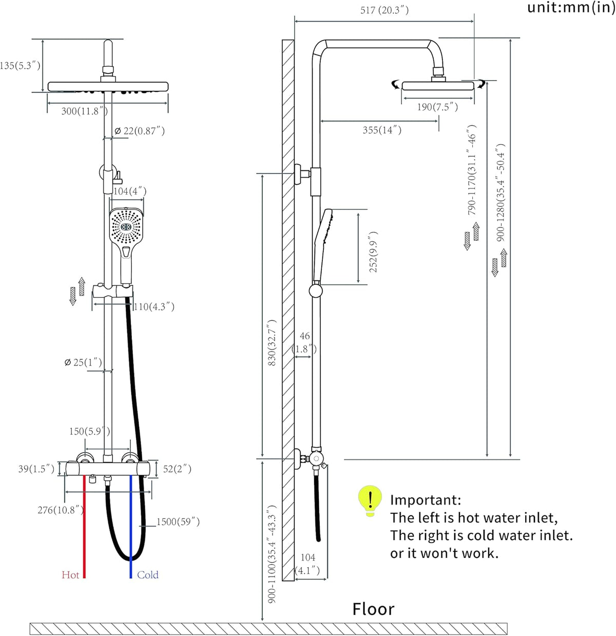 Thermostatische Douchekolom – Doucheset – Douchepaneel – Douchekraan – Regendouche – Messing Frame – 300x190 mm Regendouchekop – Veiligheidsmengkraan 38°C