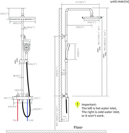Thermostatische Douchekolom – Doucheset – Douchepaneel – Douchekraan – Regendouche – Messing Frame – 300x190 mm Regendouchekop – Veiligheidsmengkraan 38°C