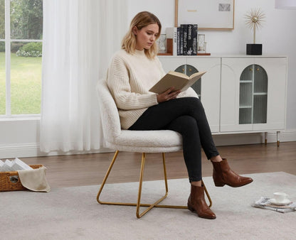 chairus Imitatiebont Fauteuil Gestoffeerde Gelegenheids Accent Stoel met Goudkleurige Metalen Poten Cocktailstoel voor Woonkamer Balkon/Kaptafel, Wit