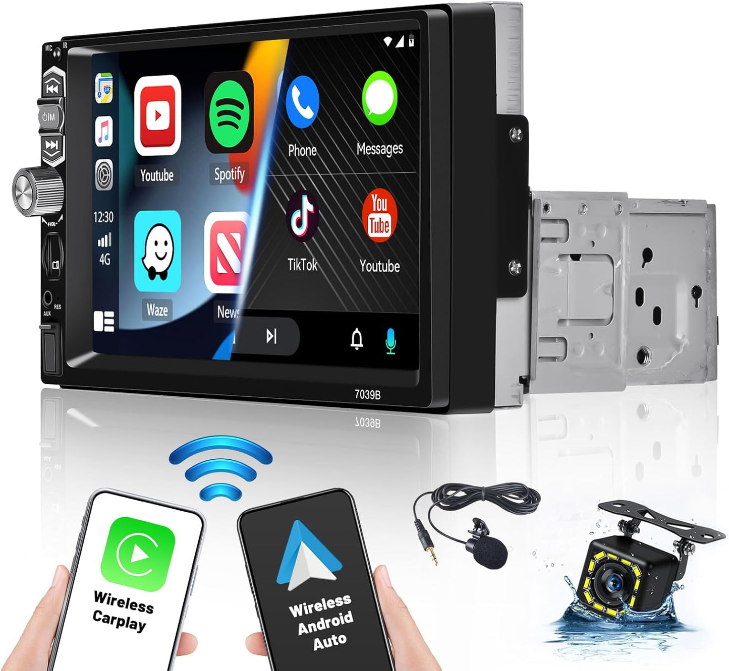 Hikity Autoradio, 1 Din met beeldscherm, draadloze CarPlay Android auto, 7 inch HD touchscreen, stereo, auto, bluetooth, 1 Din met Mirror Link FM-radio, USB TF AUX SWC, achteruitrijcamera + microfoon