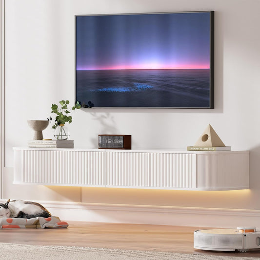 Zwevend TV-Meubel met LED-Verlichting – 140CM Wandgemonteerd TV-Kast met Verbeterde Opbergruimte & Afgeronde Randen, Moderne TV-Mediaconsol voor 43-55 Inch TV's