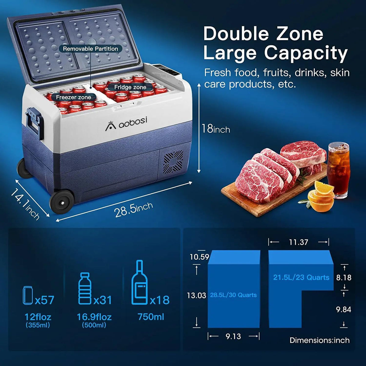 AAOBOSI Compressor-koelbox, 50 l, koelbox auto met wifi-app-bediening, 12/24 V en 100-240 V, elektrische koelbox, tot -20 °C, voor auto, vrachtwagen, boot, camper, camping, dual zone en twee