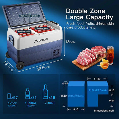AAOBOSI Compressor-koelbox, 50 l, koelbox auto met wifi-app-bediening, 12/24 V en 100-240 V, elektrische koelbox, tot -20 °C, voor auto, vrachtwagen, boot, camper, camping, dual zone en twee