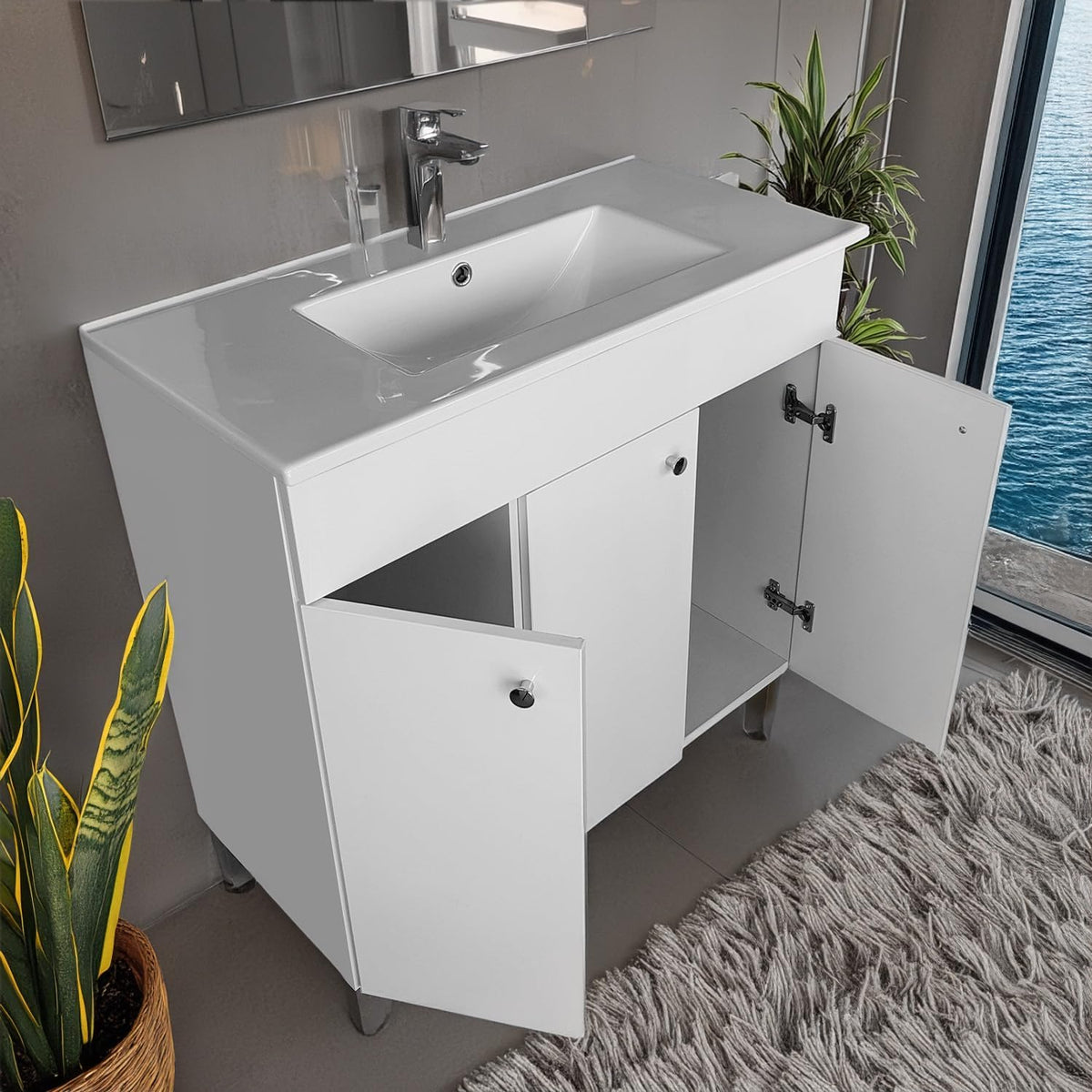 IGA washbasin with base cabinet - 80 x 84 x 40 cm basin with base cabinet for the bathroom - bathroom furniture set white high gloss - QUORE