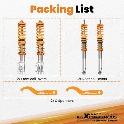 maXpeedingrods Set van 4 Coilover-combi-schroefdraad veerset schokdempers in hoogte verstelbaar voor VW Golf Mk2, Golf Mk3, Jetta Mk2, Jetta/Vento Mk3, Corrado 1989-1995, Toledo Mk1 goud