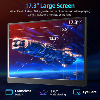 UPERFECT Portable Monitor 17.3 Inch 144Hz with 1920x1080 Full HD Eye Care IPS Mat Screen Integrated Bracket Mini HDMI 2 USB C for PC Laptop PS4/5 Switch Xbo, Mobile Display VESA Compatible - QUORE