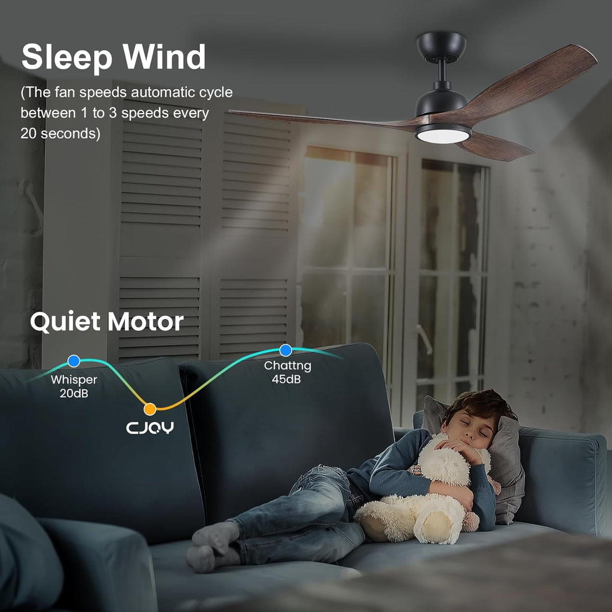 CJOY Plafondventilator met verlichting, 132 cm, plafondventilator met licht, stil, 6 snelheden, omkeerbaar, timer, geheugen 3CCT, dimbaar, houten plafondventilatoren voor slaapkamer, woonkamer, keuken