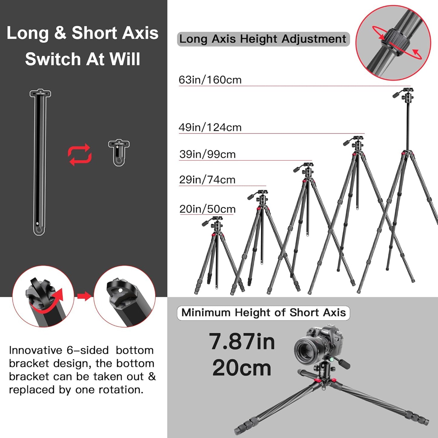 Koolstofvezel Camerastatief – Reisstatief – Fotostatief – Videostatief – Monopod – 360° Balhoofd – Opgevouwen Slechts 6,8 Cm Breed