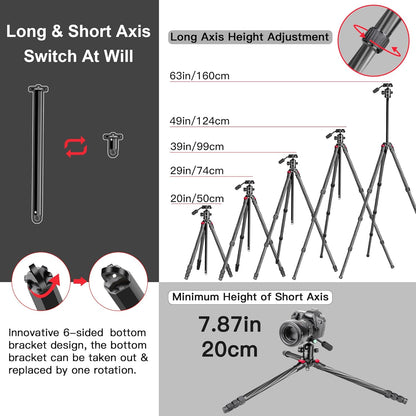 Koolstofvezel Camerastatief – Reisstatief – Fotostatief – Videostatief – Monopod – 360° Balhoofd – Opgevouwen Slechts 6,8 Cm Breed