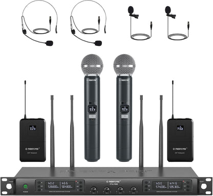 Draadloos microfoonsysteem – Microfoonset – UHF Microfoonset – 4-Kanaals Microfoonset – Met 2 Handmicrofoons En 2 Bodypacks – 4x40 UHF-Kanalen – Automatisch Scannen En IR-Synchronisatie