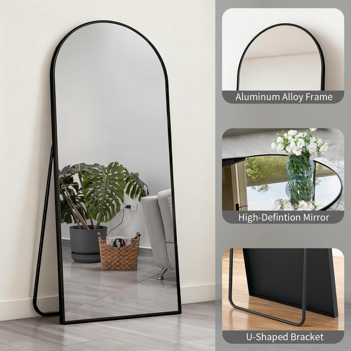 Full body spiegel, 165 x 60 cm boog, staande spiegel van gehard glas, hangend of leunend, grote wandspiegel voor slaapkamer, woonkamer, kleedkamer, zwart