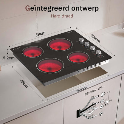 Keramische kookplaat 4 platen, knop & tiptoetsbediening, ingebouwde keramische kookplaat 60cm 6000W, elektrische kookplaat met veiligheidsvergrendeling, timer, pauzefunctie