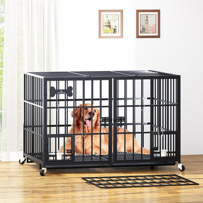 Hondenkooi met vloerblad, hondenkooi met scheidingswand, roosterbox met 2 deuren en dienblad, 2-in-1 dubbele box voor grote en middelgrote honden, 120 x 73 x 68 cm