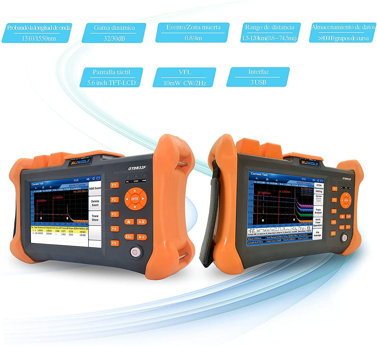 1310/1550nm 32/30dB OTDR 5,6 inch touchscreen reflectometer glasvezel 120 km (74,5 mi) testafstand glasvezel tester met visuele fout locator (VFL) (OTDR32F-T1-B)