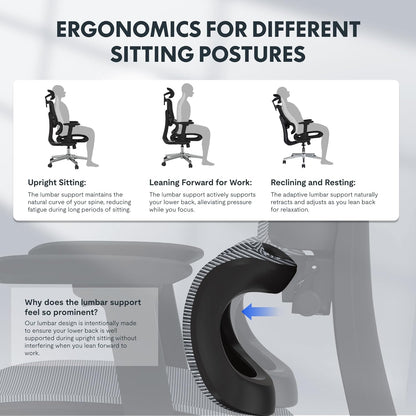 Ergonomische Bureaustoel – Werkstoel – Office Chair – Bureaustoel Met Hoofdsteun – Draaibare Bureaustoel – Adaptieve Lendensteun – Verstelbare Zithoogte en 3D-Armleuningen – Ademend Mesh-Materiaal