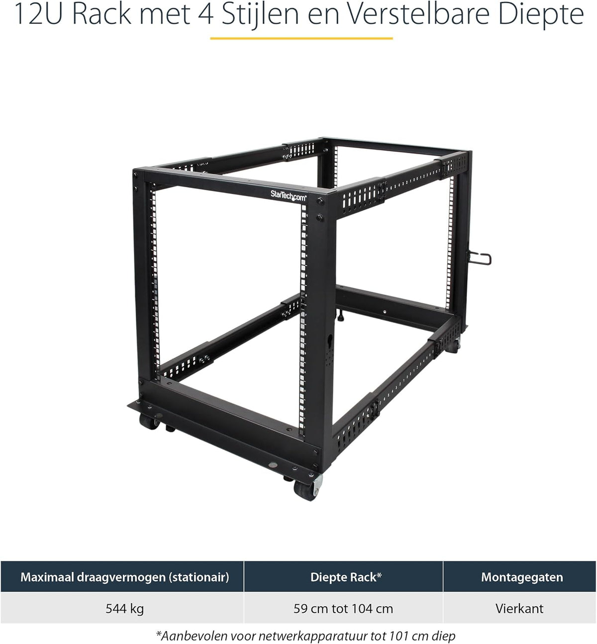 Serverrack – Serverkast – Patchkast – Netwerkkast – Datarack – 12U 4-Post Open Frame 19 Inch Met Wielen – Verstelbare Diepte Van 56,0 Tot 101,7 Cm