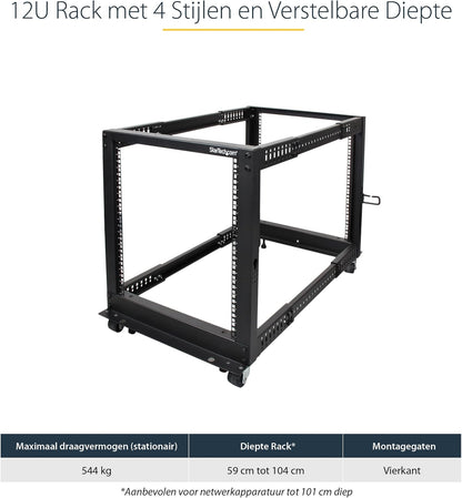 Serverrack – Serverkast – Patchkast – Netwerkkast – Datarack – 12U 4-Post Open Frame 19 Inch Met Wielen – Verstelbare Diepte Van 56,0 Tot 101,7 Cm