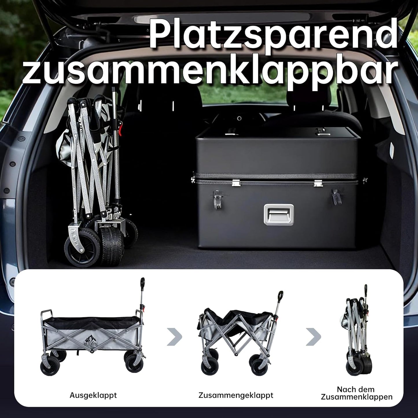 Premium campingwagen met remmen en afneembare wielen, grote transportwagen met 600D Oxford-stof, magnetische handgreep en extra opbergruimte voor camping, strand en tuin (grijs)
