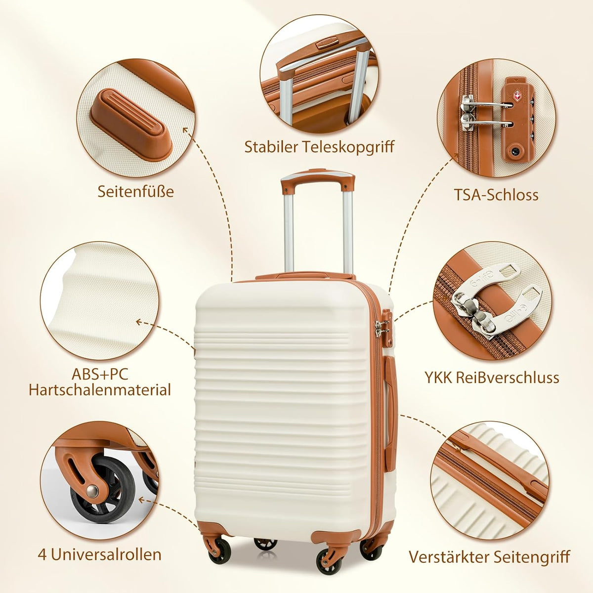 COOLIFE Set van 6 harde reiskoffers met uittrekbare reistas voor sport en toilettas, kofferset, TSA-familieslot en 360° wielen, Zwart Bruin, Bagage à Main, Harde koffer reiskoffer