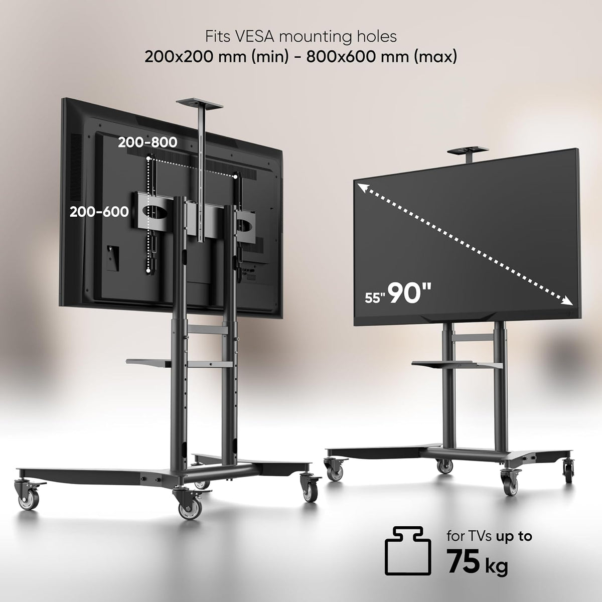 Verrijdbare TV-Standaard Zwart – TV-Stand Met Wielen, TV-Wagen, TV-Voet, Vloerstandaard – 55-90 Inch, Tot 75 Kg – In Hoogte Verstelbaar
