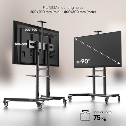 Verrijdbare TV-Standaard Zwart – TV-Stand Met Wielen, TV-Wagen, TV-Voet, Vloerstandaard – 55-90 Inch, Tot 75 Kg – In Hoogte Verstelbaar