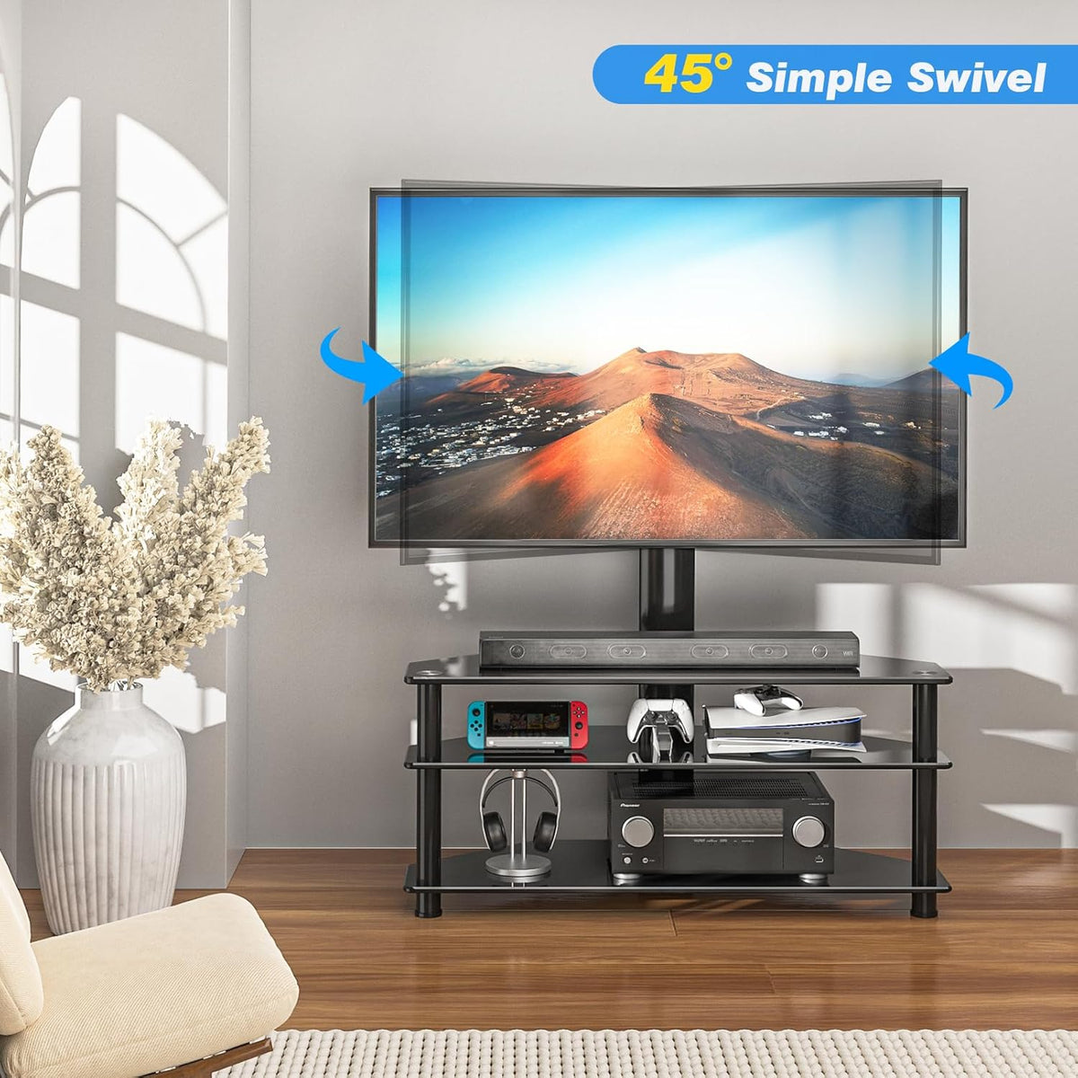 Rfiver Tv-rek, glas, televisietafel, tv-standaard voor 32-70 inch televisie, ± 45 graden draaibaar en in hoogte verstelbaar, tv-hoekkast, meubel, tv-kast met 3 planken van gehard glas, max. 50 kg