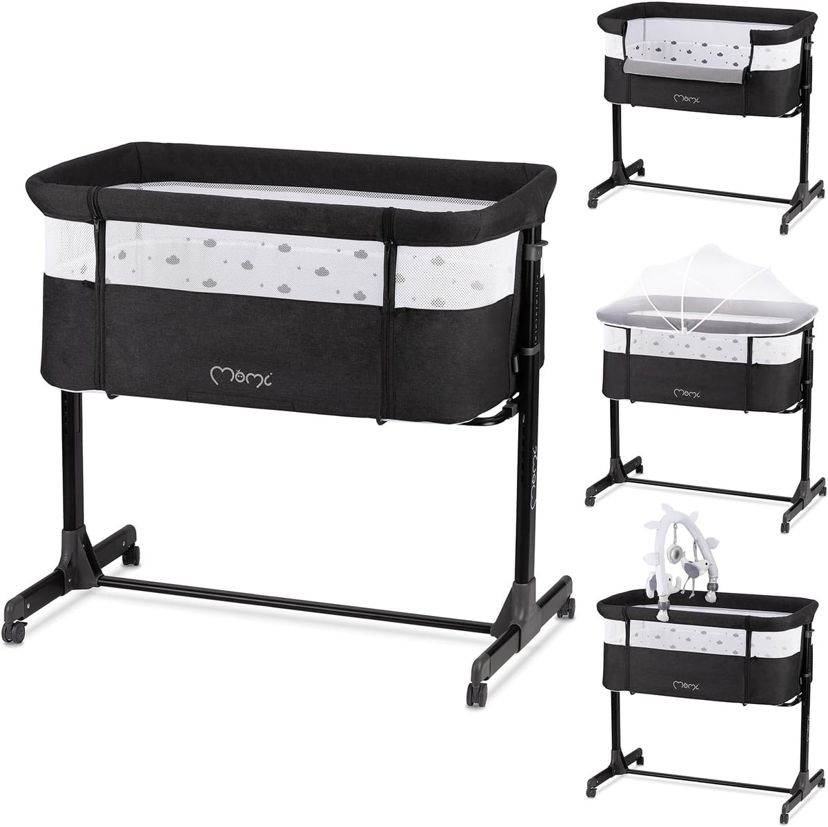Momi Revo Multifunctionele bijzet- en kinderbed, 6-traps in hoogte verstelbaar van 72 tot 82 cm, met wielen, incl. matras, bevestigingsriemen, insectenbescherming en beugel met speelgoed