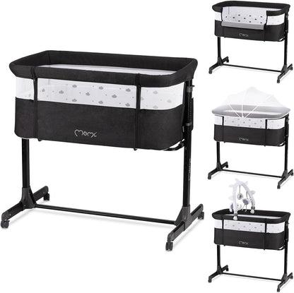 Momi Revo Multifunctionele bijzet- en kinderbed, 6-traps in hoogte verstelbaar van 72 tot 82 cm, met wielen, incl. matras, bevestigingsriemen, insectenbescherming en beugel met speelgoed