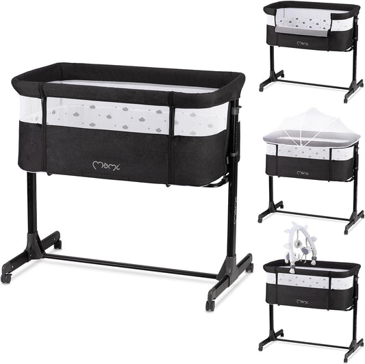 Momi Revo Multifunctionele bijzet- en kinderbed, 6-traps in hoogte verstelbaar van 72 tot 82 cm, met wielen, incl. matras, bevestigingsriemen, insectenbescherming en beugel met speelgoed
