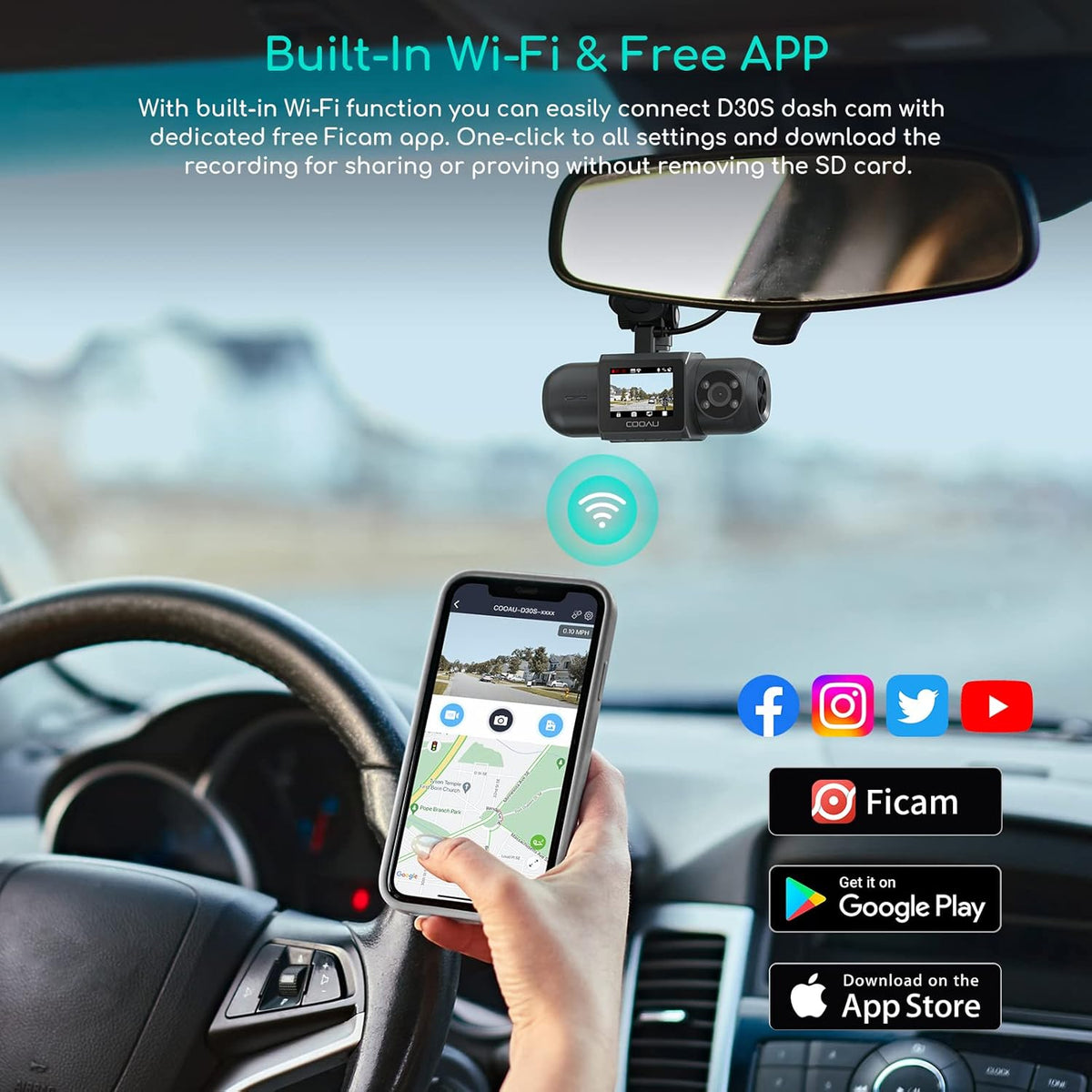 COOAU D30S 4K Dashcam met GPS Wi-Fi, voor- en binnenkant dubbele 2,5K 1080P Dashcam, Uber-autocamera met infrarood nachtzicht, supercondensator, 4 IR-LED's, G-sensor, parkeermodus, loop-opname