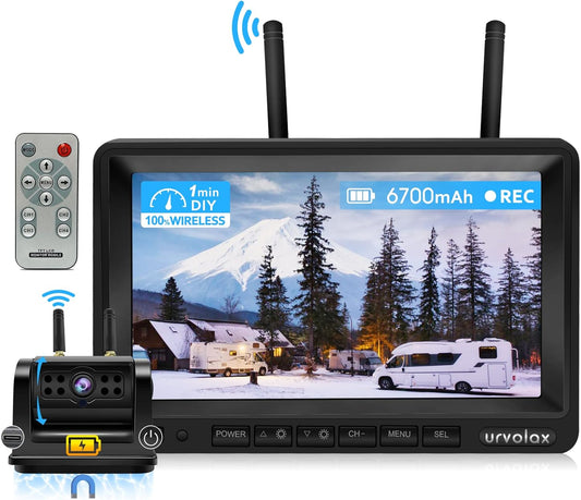 URVOLAX 100% Draadloze Achteruitrijcamera, 6700mAh Oplaadbare Batterij Magnetische Camera, Doe-het-zelf Installatie, 7 inch FHD Monitor Video Opname Sterk Signaal voor Camper Truck Bestelwagen 65X
