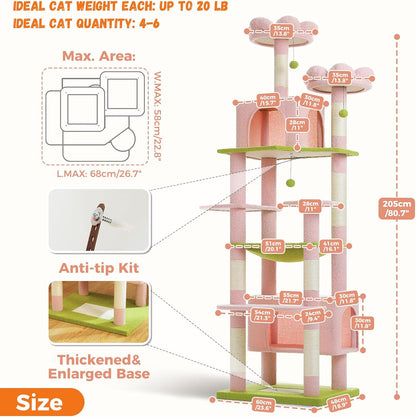 PAWZ Road Scratching Post for Large Cats, Stable, 205 cm High with Hammock, 7 Sisal Posts, Large Sitting Pole, Caves, Baskets for Indoor Cats, Pink - QUORE